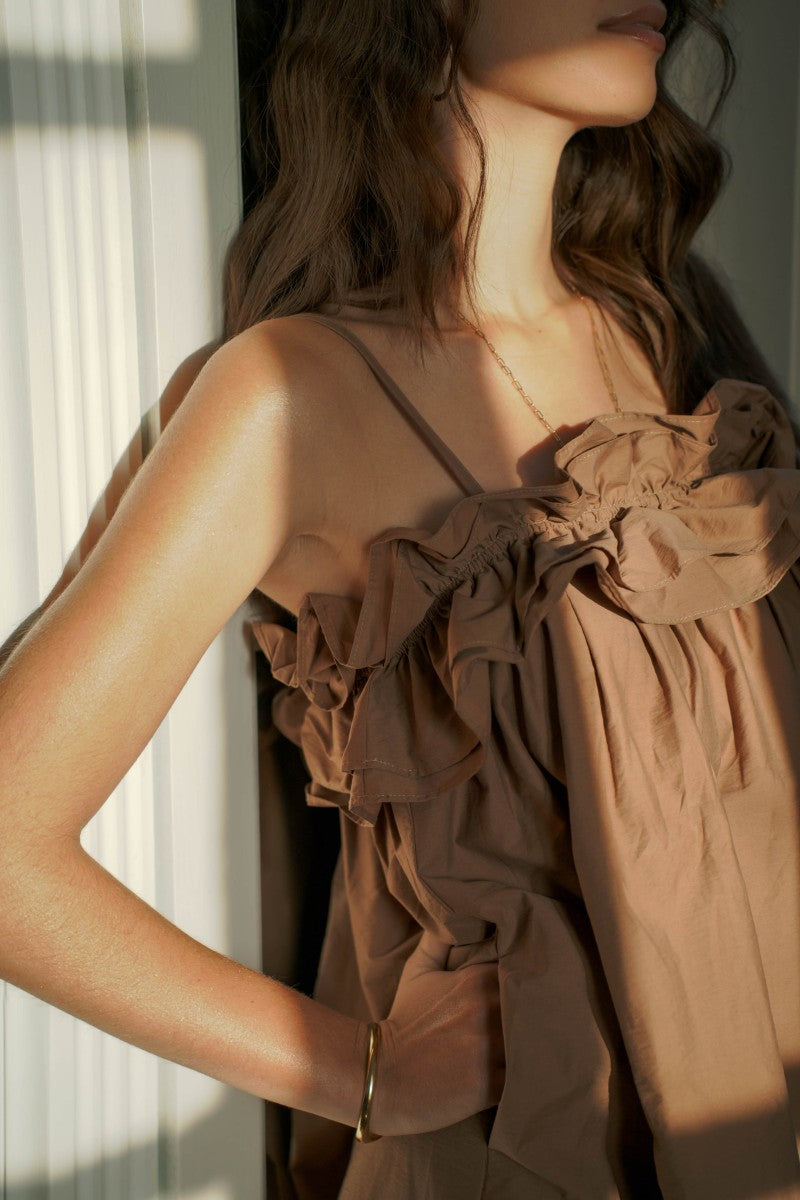 Strappy Maxi Dress with Ruffle Bodice - Brown