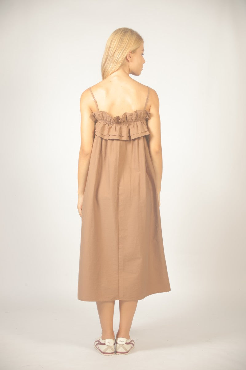 Strappy Maxi Dress with Ruffle Bodice - Brown