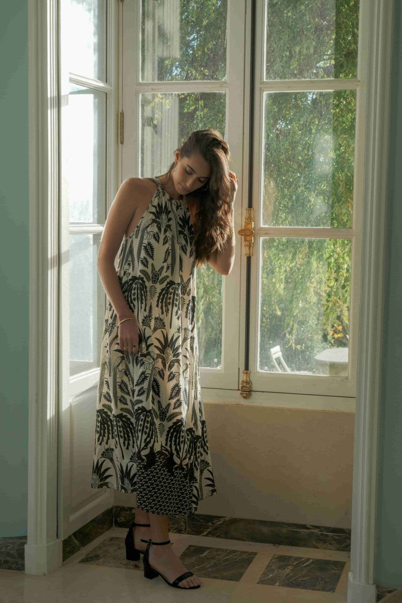 Sleeveless Print Maxi Dress - Black/White