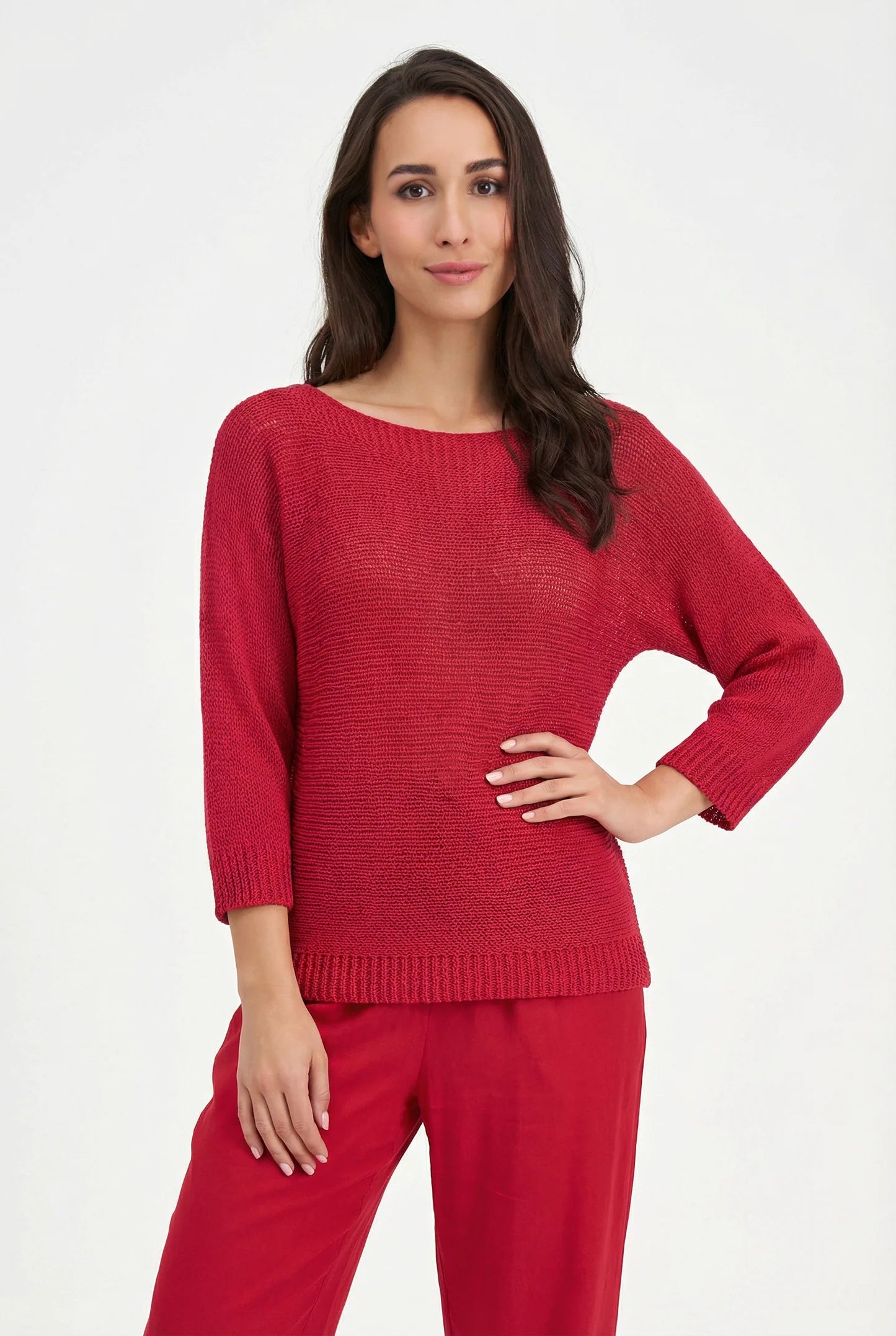 Boatneck Sweater with 3/4 Sleeves - Ruby