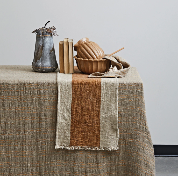 Striped Linen Table Runner with Fringe - Natural & Brown
