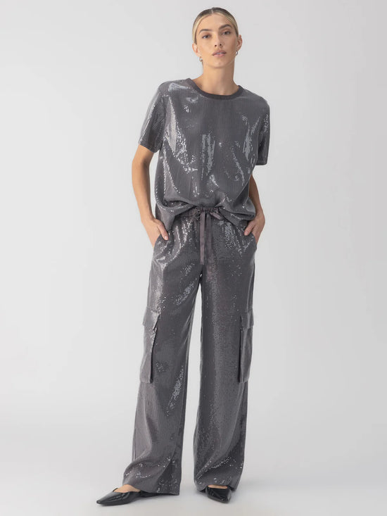 Pull-On Sequined Cargo Pants - Gunmetal