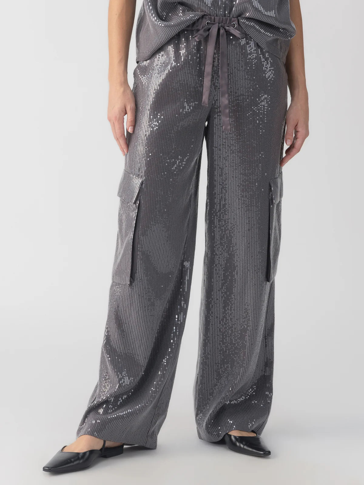 Pull-On Sequined Cargo Pants - Gunmetal