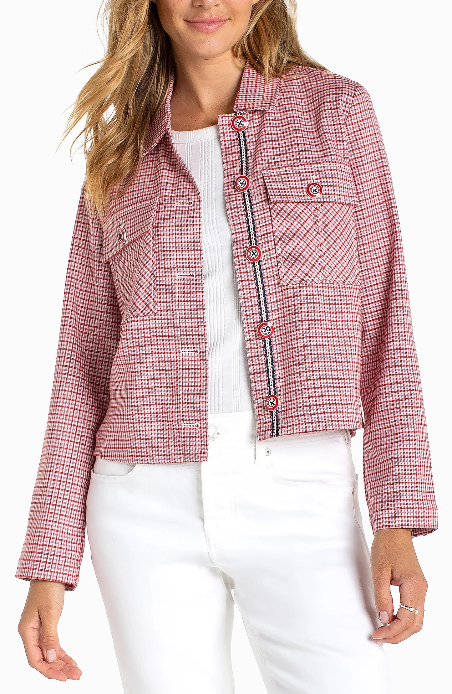 Shacket with Flap Pockets - Cherry Red Plaid