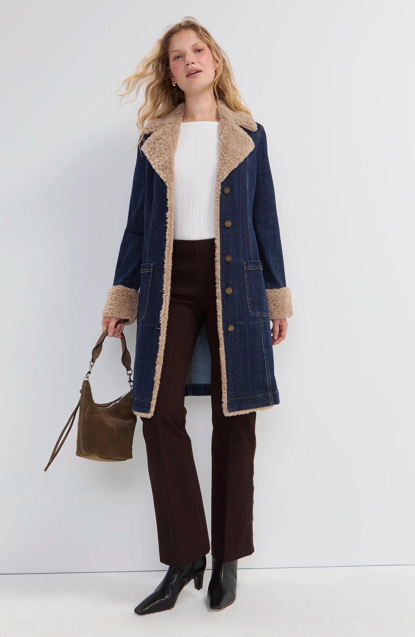 Sherpa Trimmed Denim Coat - Cinder