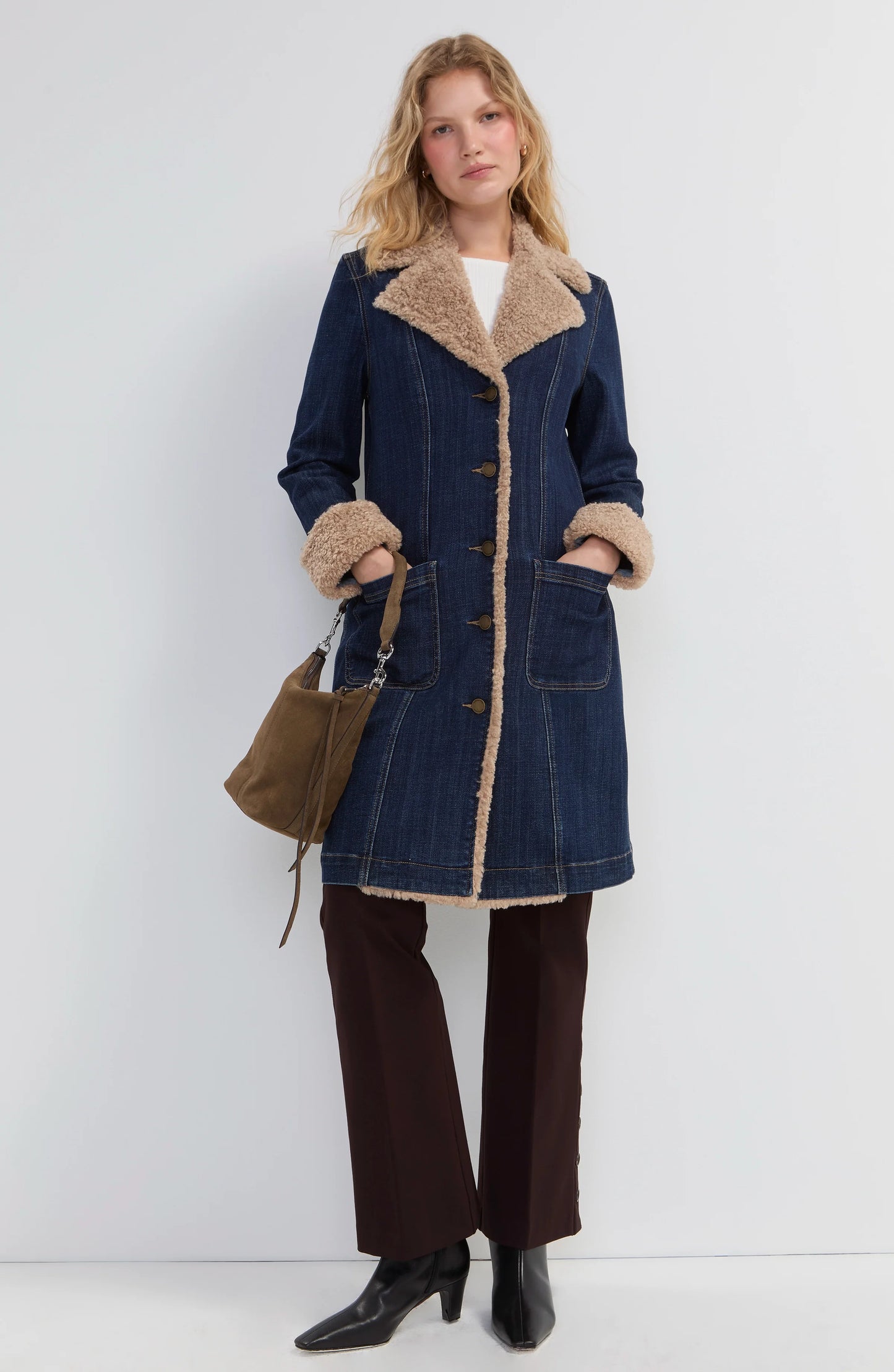 Sherpa Trimmed Denim Coat - Cinder