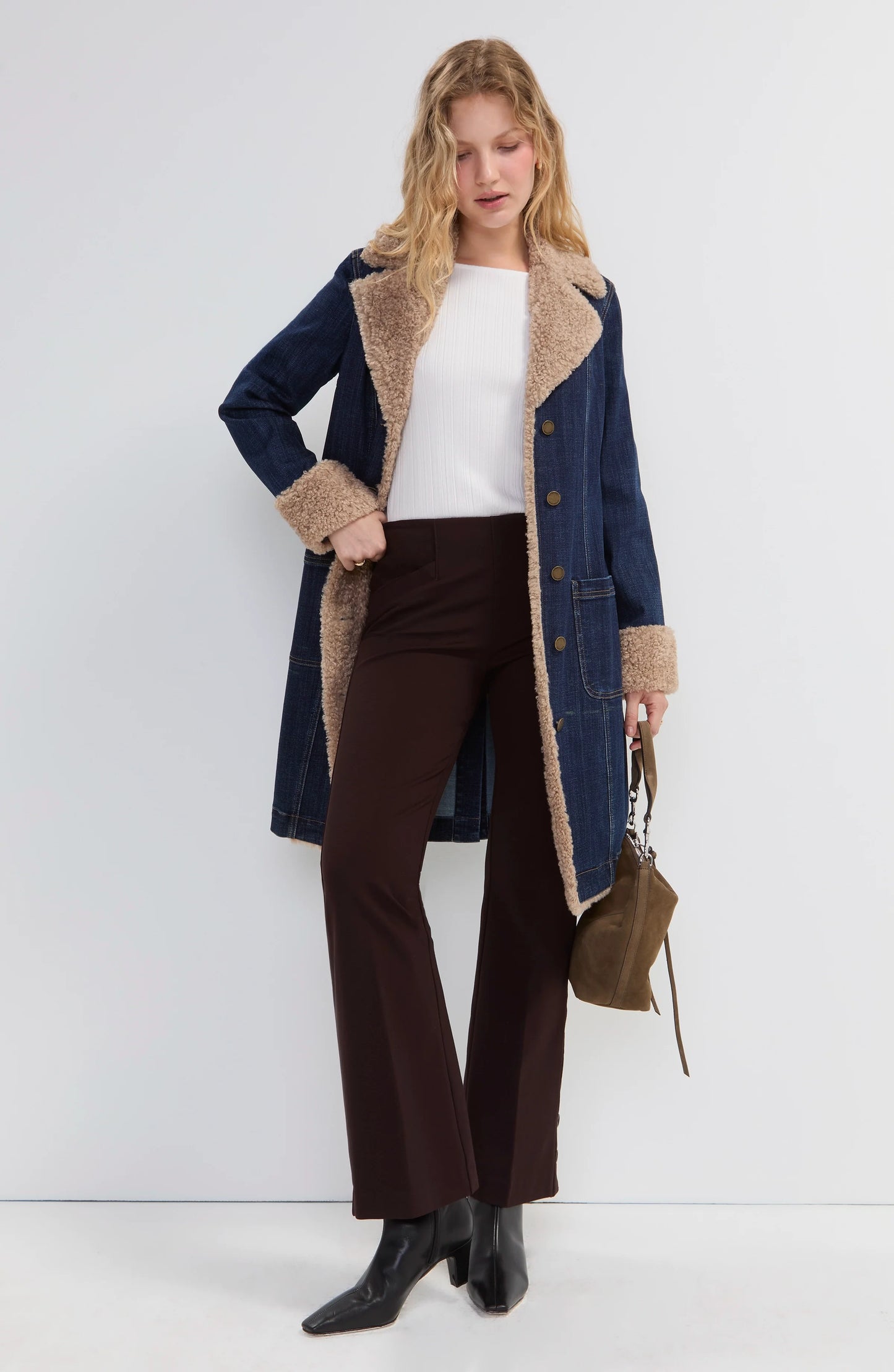 Sherpa Trimmed Denim Coat - Cinder