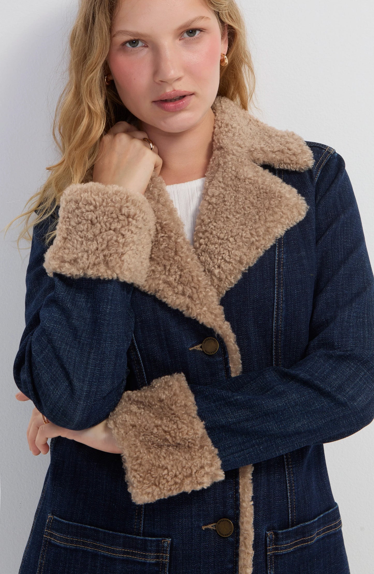 Sherpa Trimmed Denim Coat - Cinder