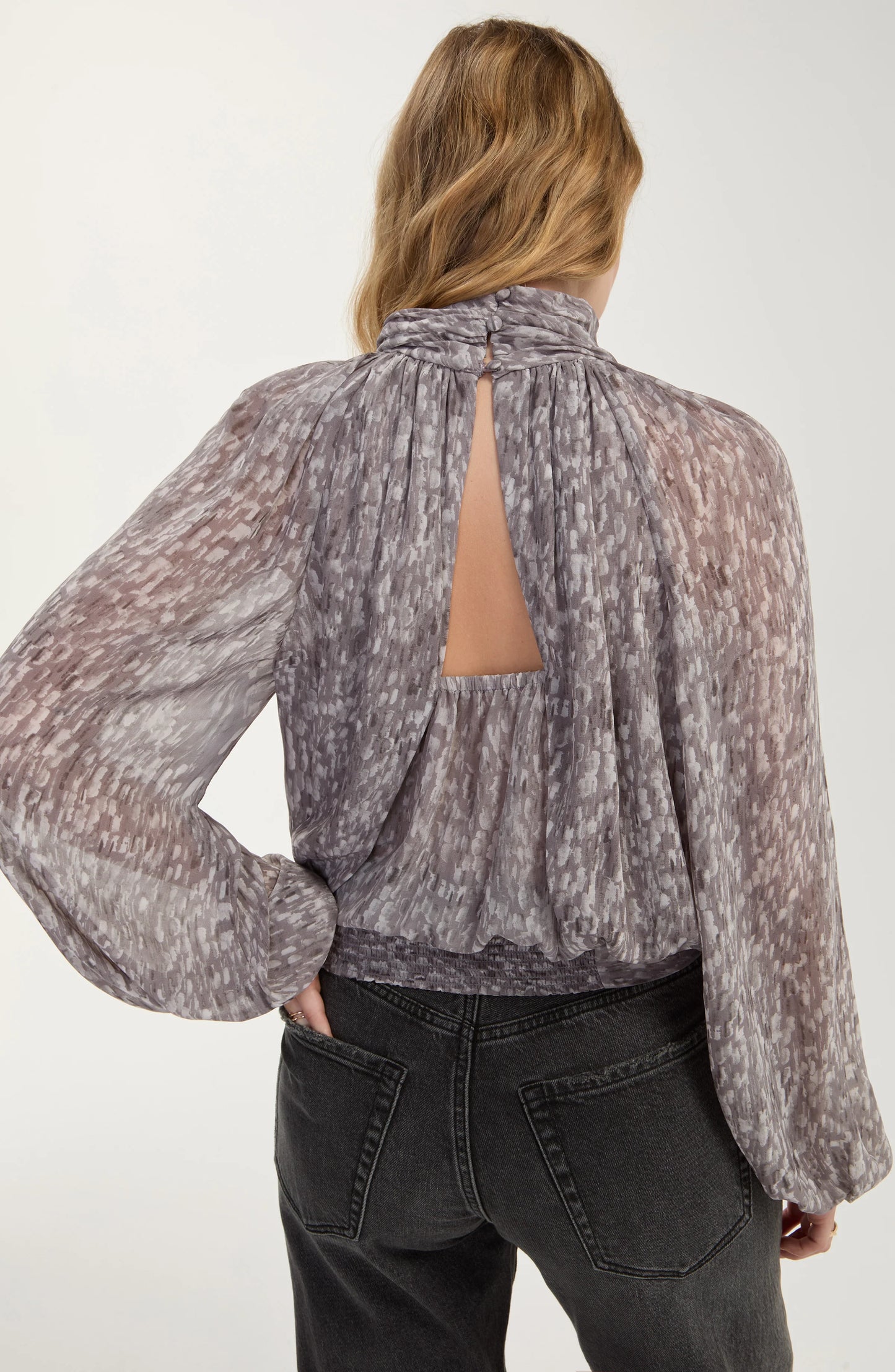 Shirred Mock Neck Top - Grey Multi