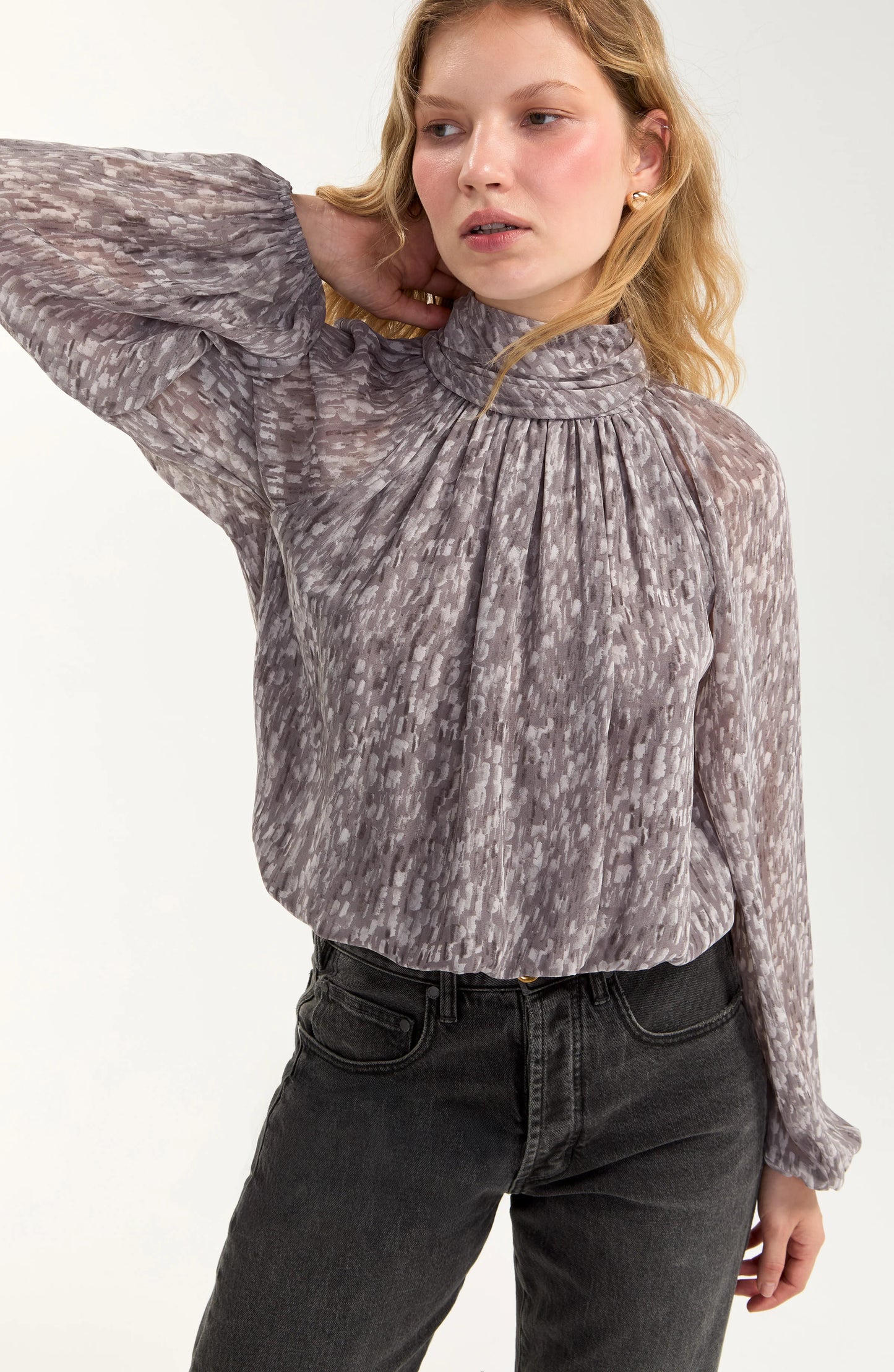 Shirred Mock Neck Top - Grey Multi