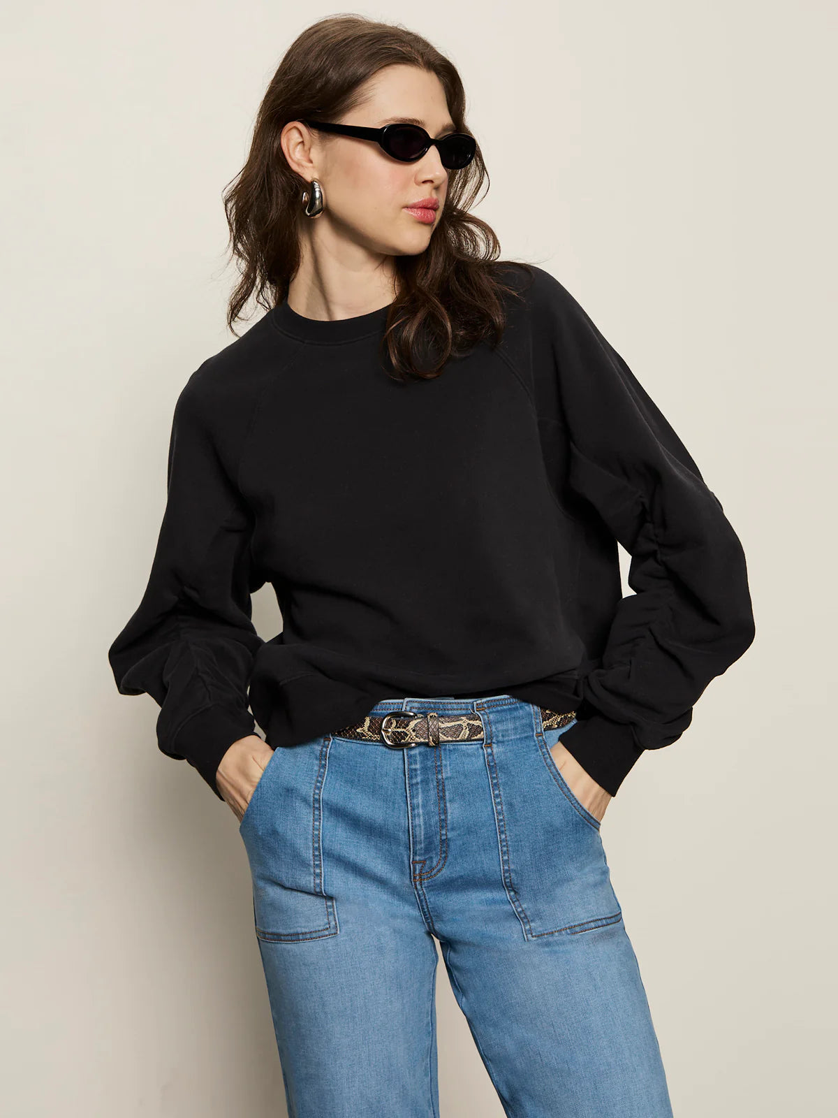Shirred Sleeve Sweatshirt - Black
