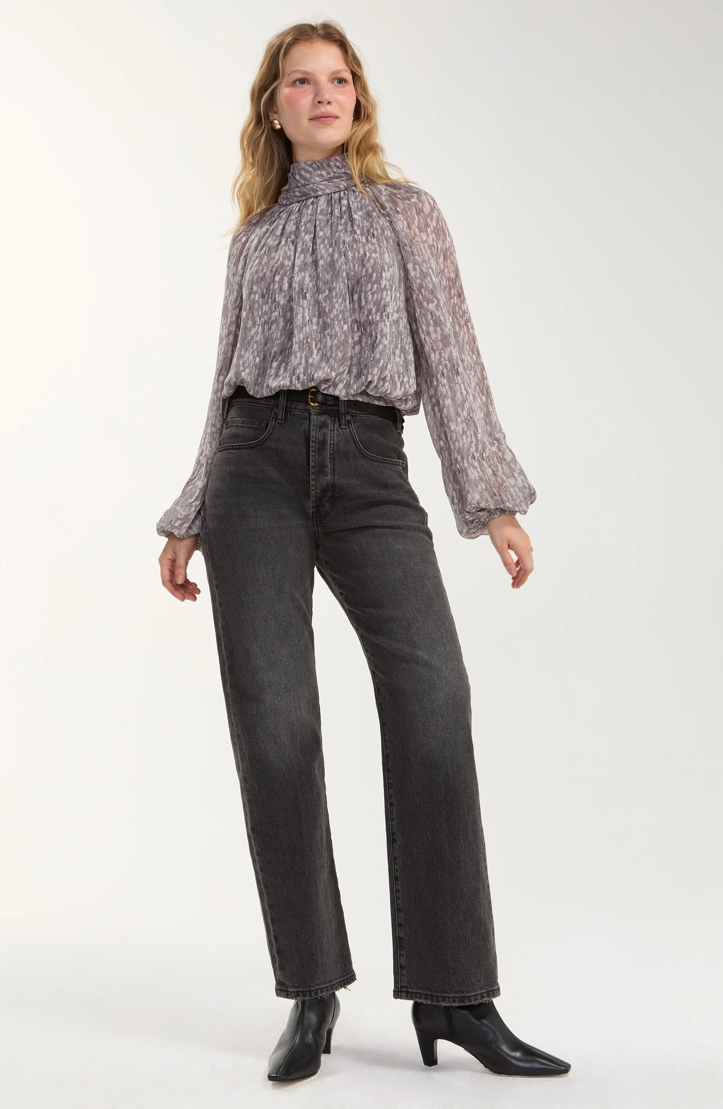Shirred Mock Neck Top - Grey Multi