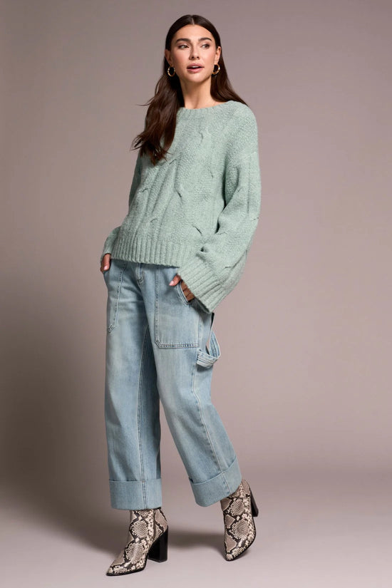 Loose Fitting Cable Knit Sweater - Heather Silverpine