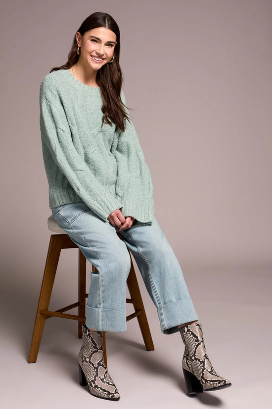 Loose Fitting Cable Knit Sweater - Heather Silverpine