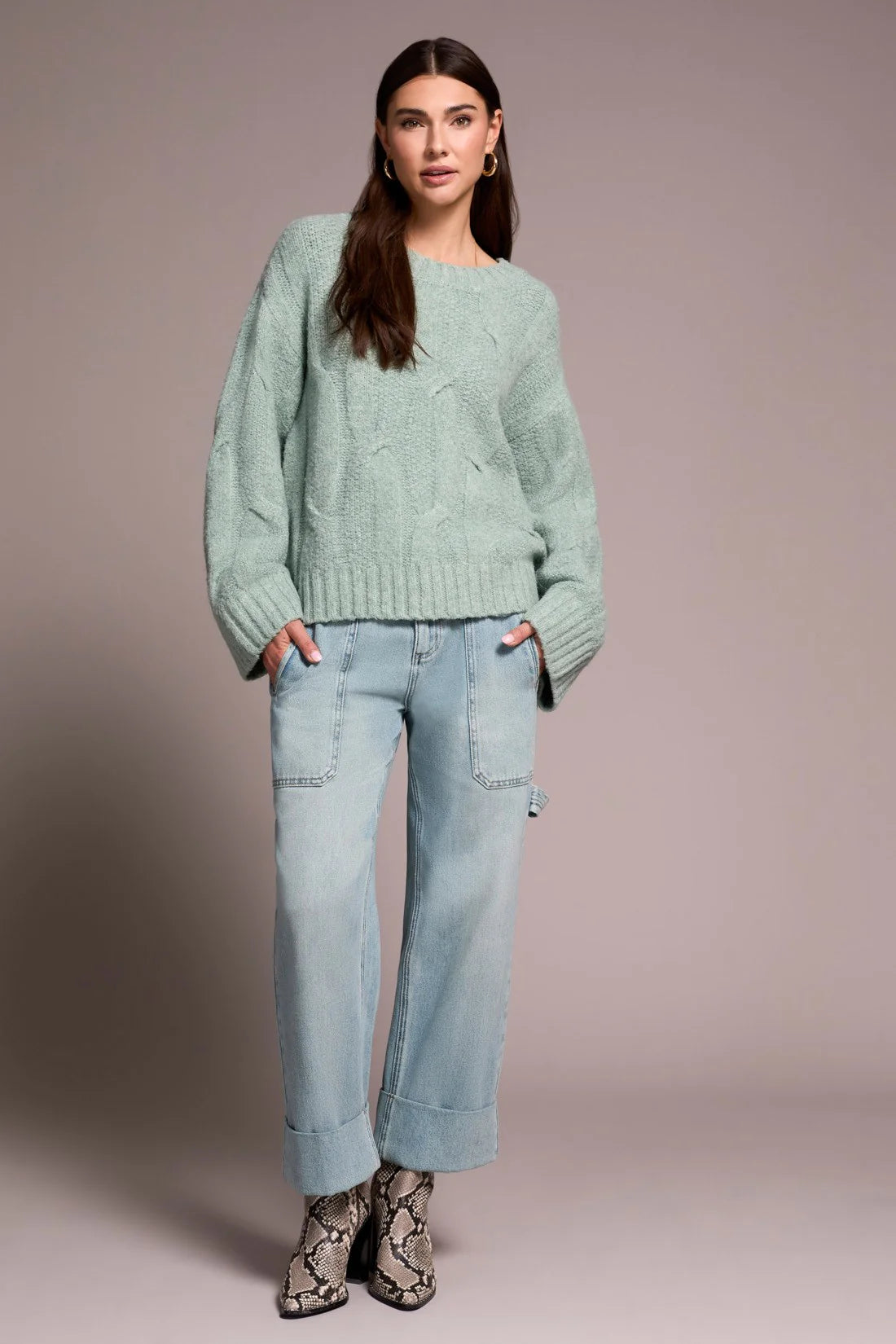 Loose Fitting Cable Knit Sweater - Heather Silverpine