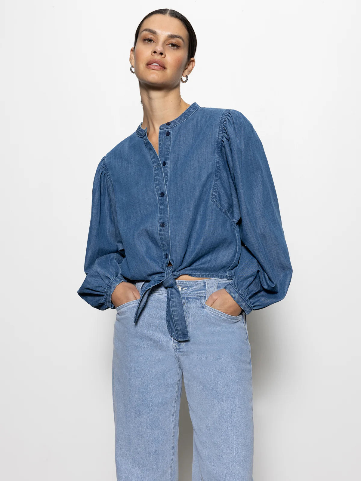 Tie Front Volume Top - Blue Slate