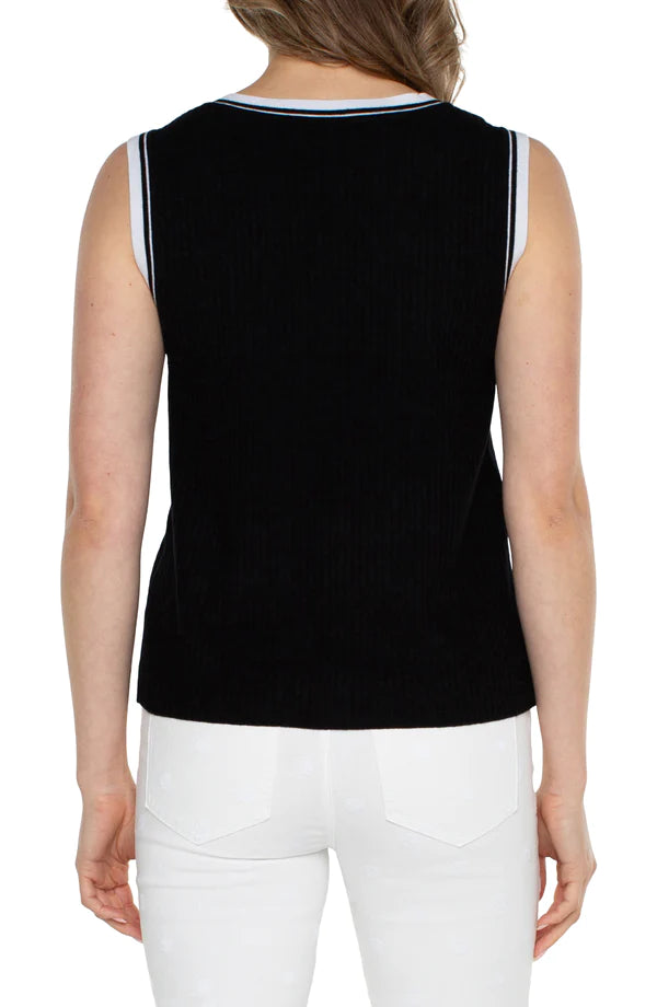 Sleeveless V-Neck Sweater with Novelty Trim - Black/White