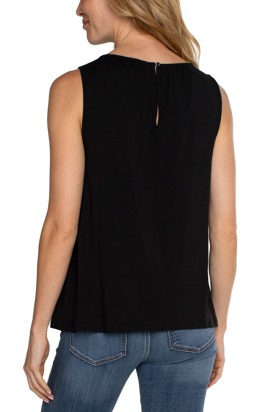 Sleeveless Knit A-Line Top with Keyhole Opening - Black