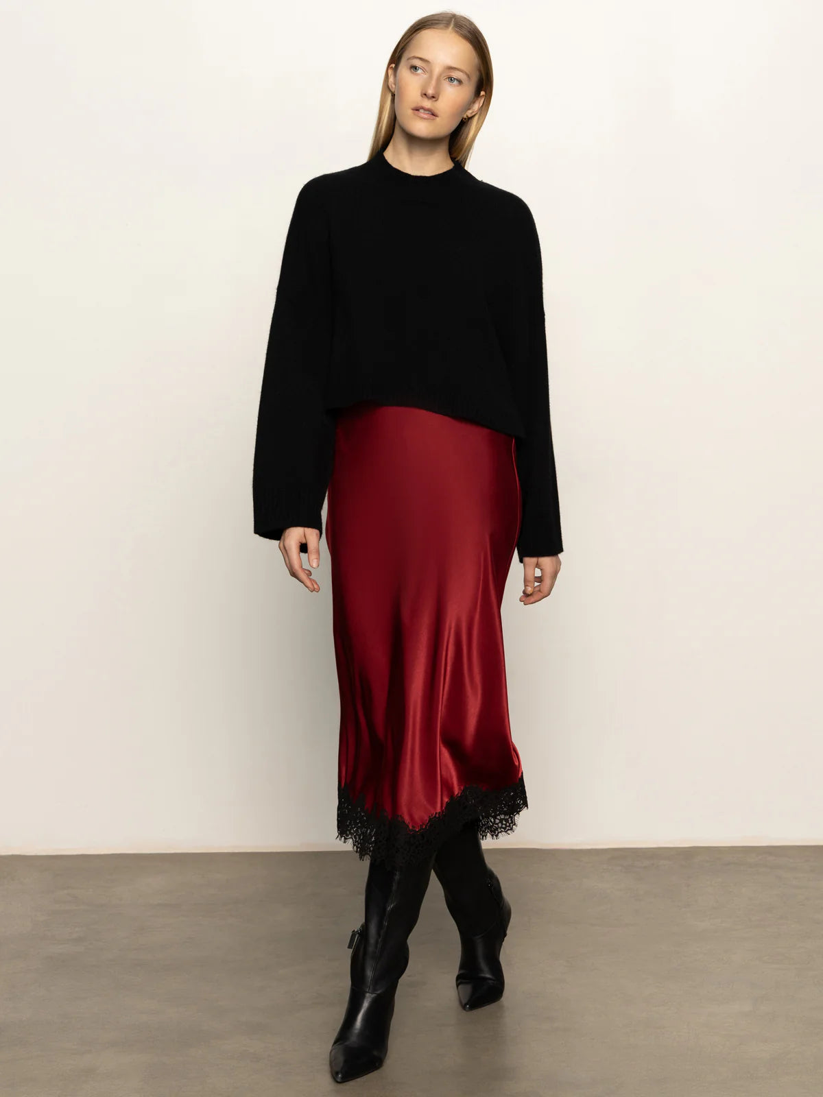 Slip Skirt with Lace - Crimson