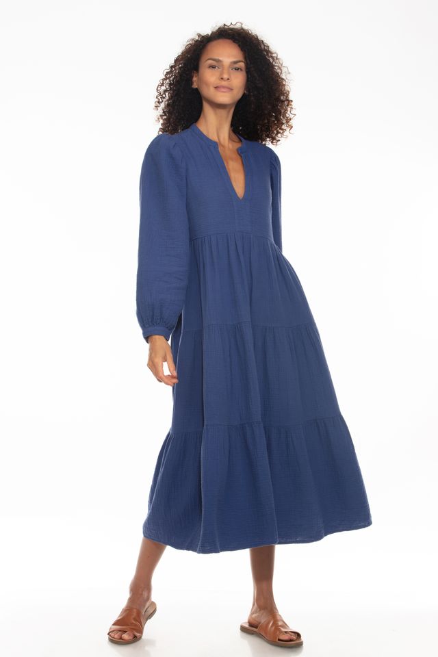 Cotton Gauze Tiered Midi Dress - Space Blue