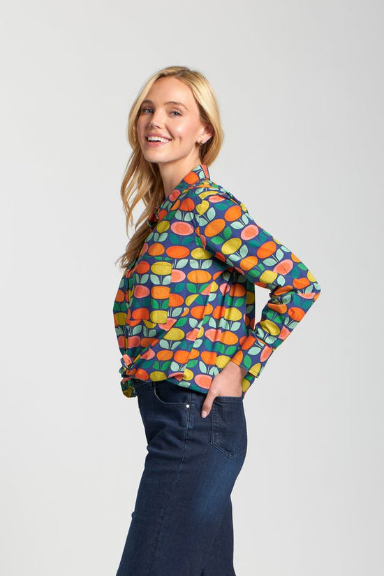 Long Sleeve Floral Print Top with Waist Tie - Navy Multi