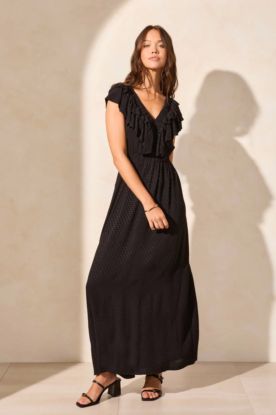 Swiss Dot Open Back Maxi Dress With Frill - Black