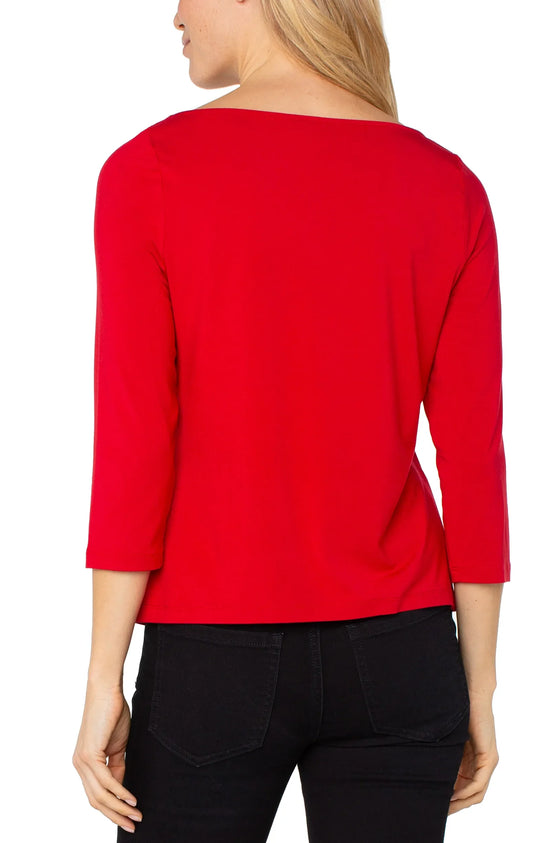 Drape Neck Top with 3/4 Sleeves - Tango Red