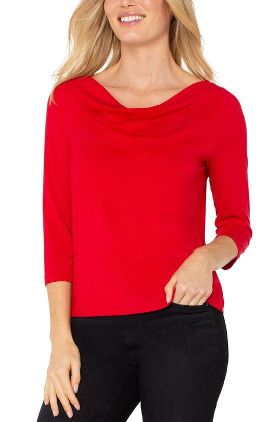 Drape Neck Top with 3/4 Sleeves - Tango Red
