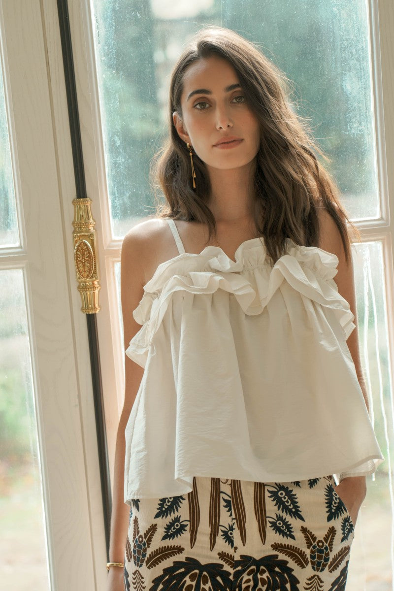 Strappy Tank Top with Ruffles - White