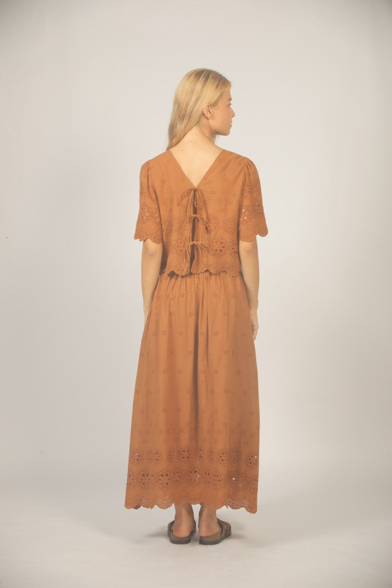 Short Sleeve Eyelet Top with Ties - Brown
