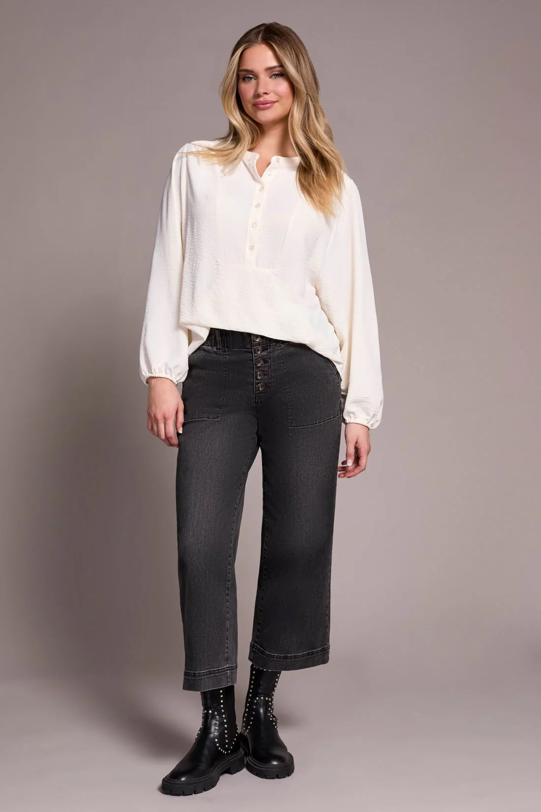 Long Sleeve Top with Folded Hem - Eggshell