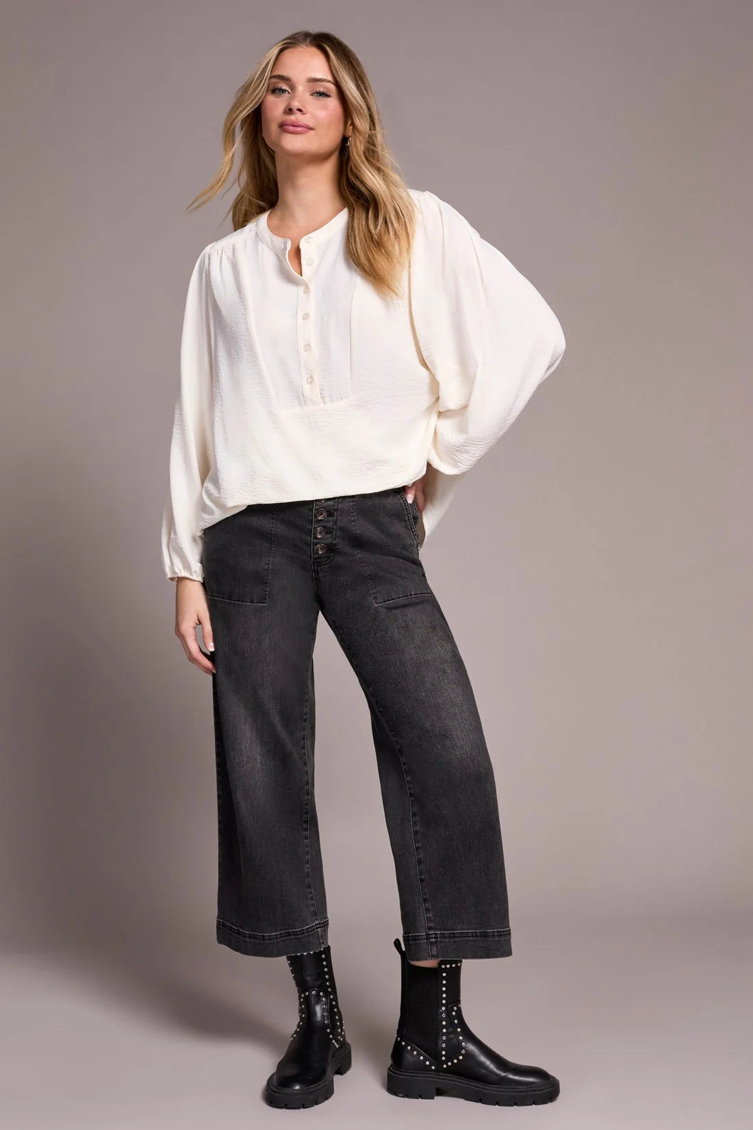 Long Sleeve Top with Folded Hem - Eggshell