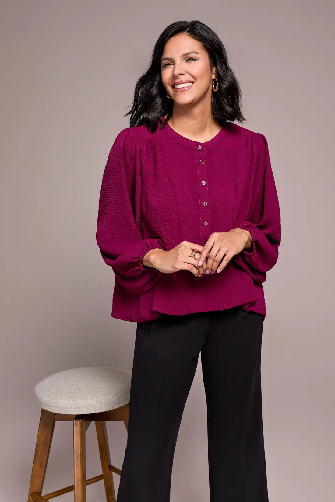 Long Sleeve Top with Folded Hem - Plum Wine