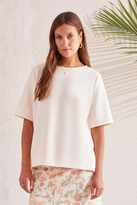 Boat Neck Top with Elbow Length Sleeves and Side Slits - Sandust