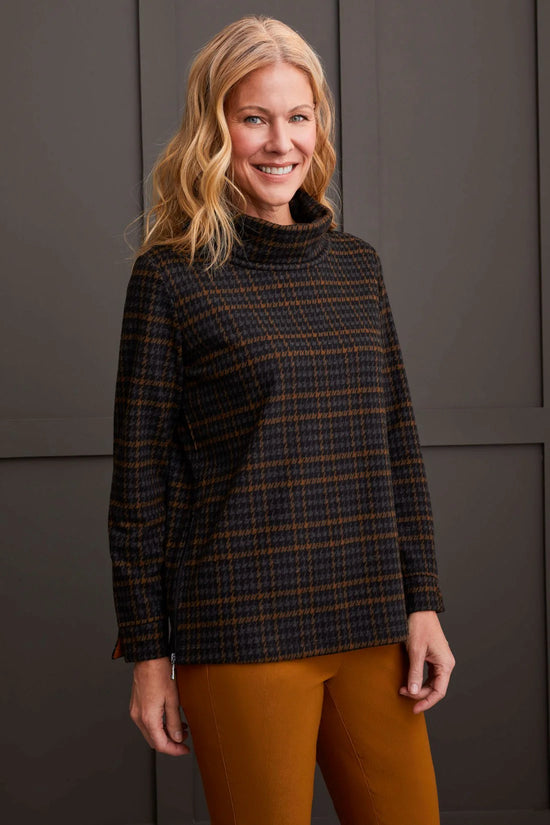 Cowl Neck Top with Zipper - Walnut Plaid