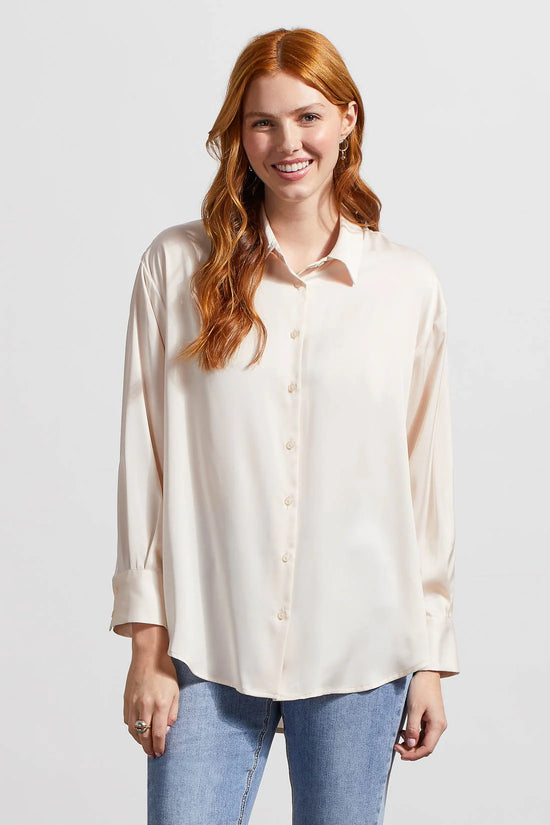 Flowy Satin Button Up Top - Blush