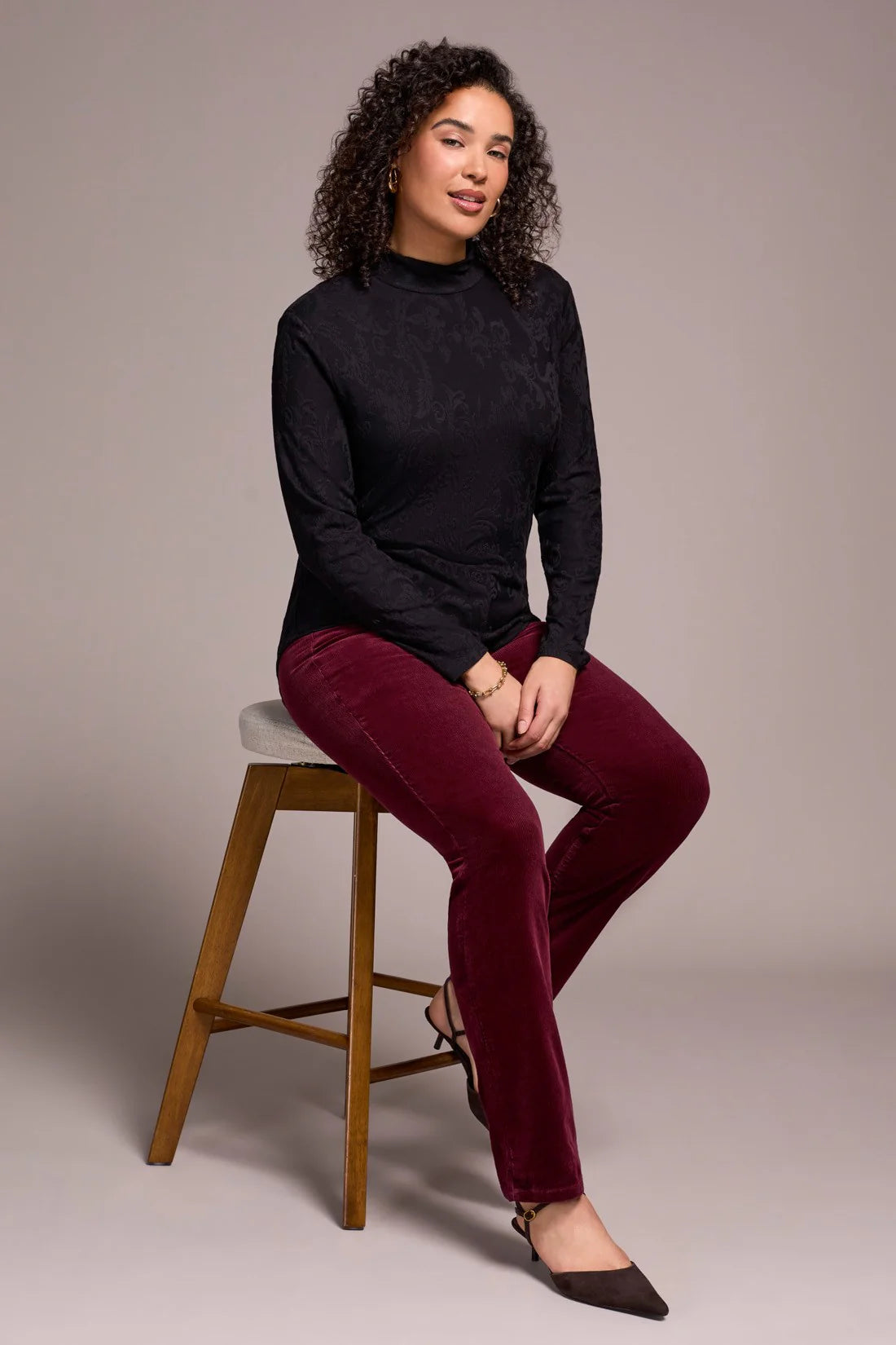 Jacquard Mock Neck Turtleneck Top - Black