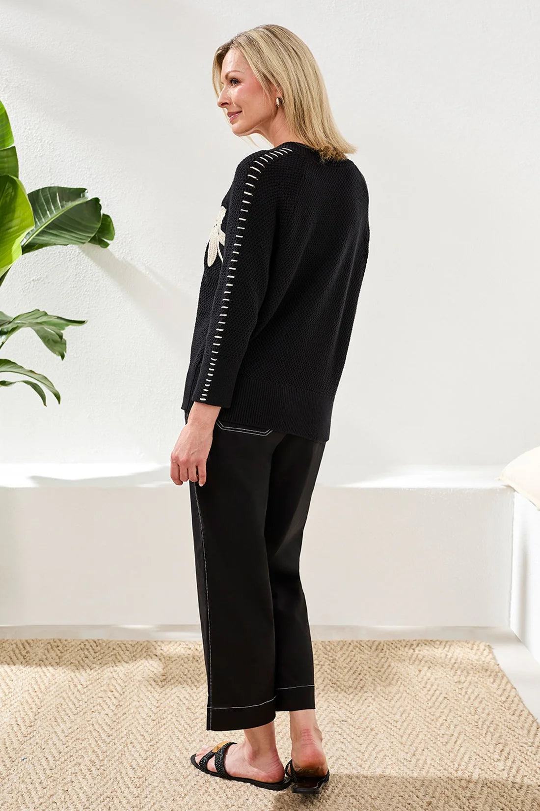 Embroidered Sweater with 3/4 Sleeves - Black