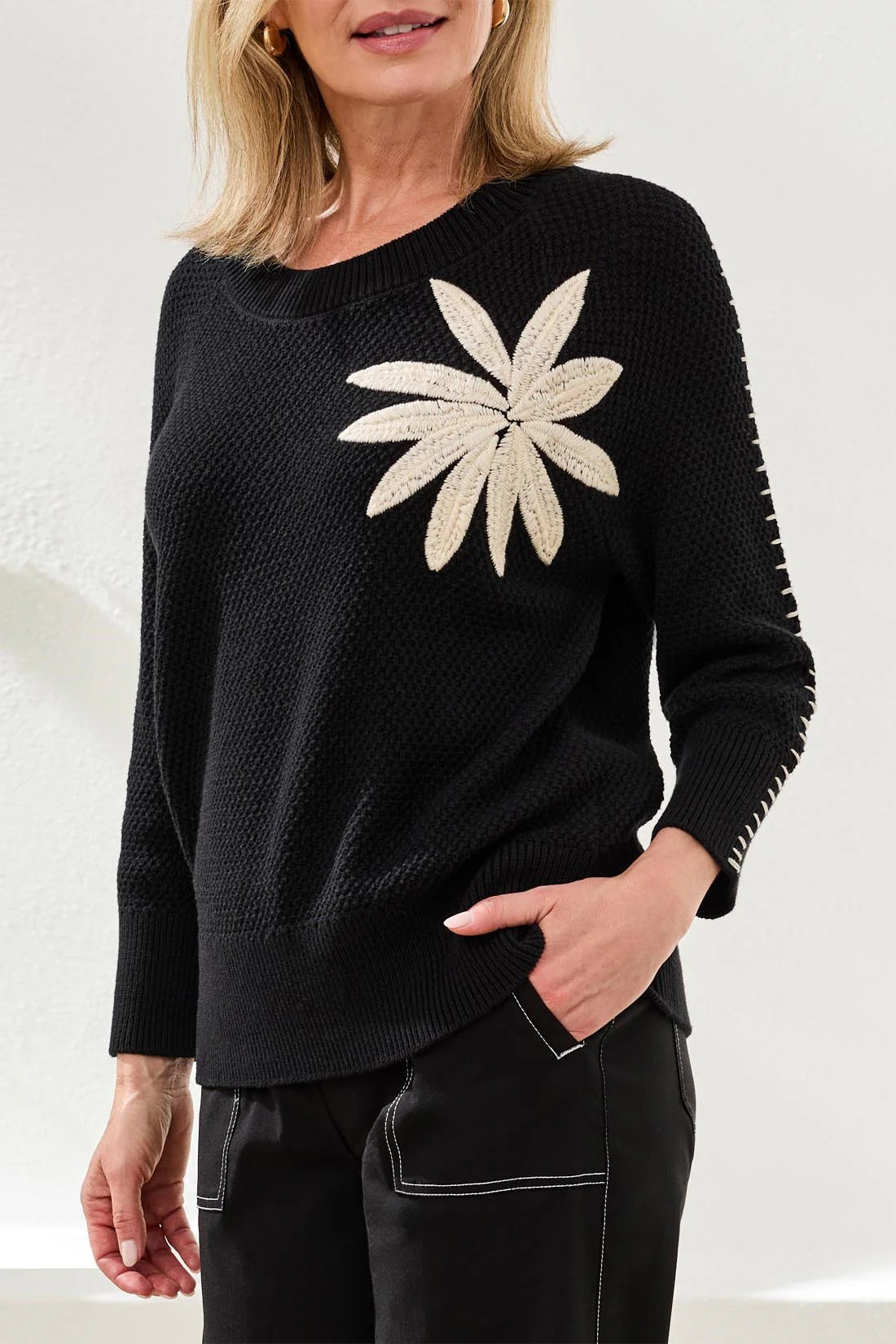 Embroidered Sweater with 3/4 Sleeves - Black