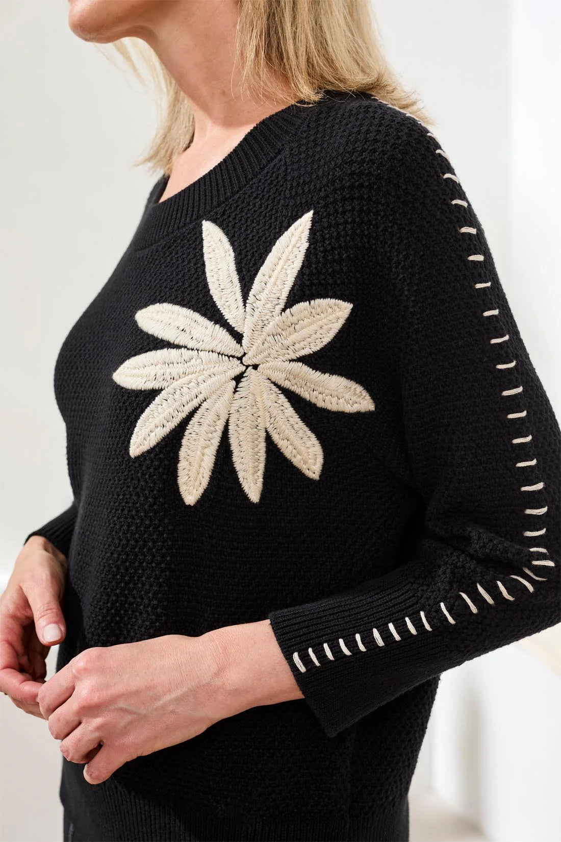 Embroidered Sweater with 3/4 Sleeves - Black