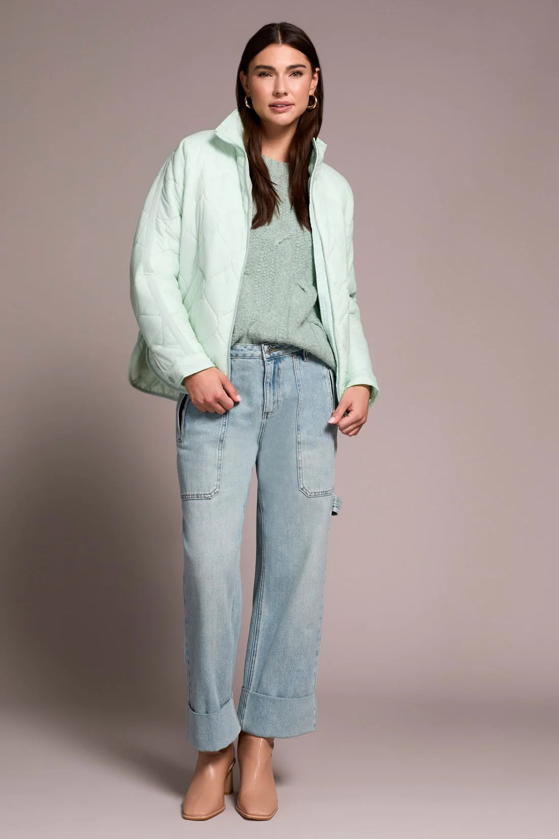 Zip Front Quilted Jacket - Aqua Foam