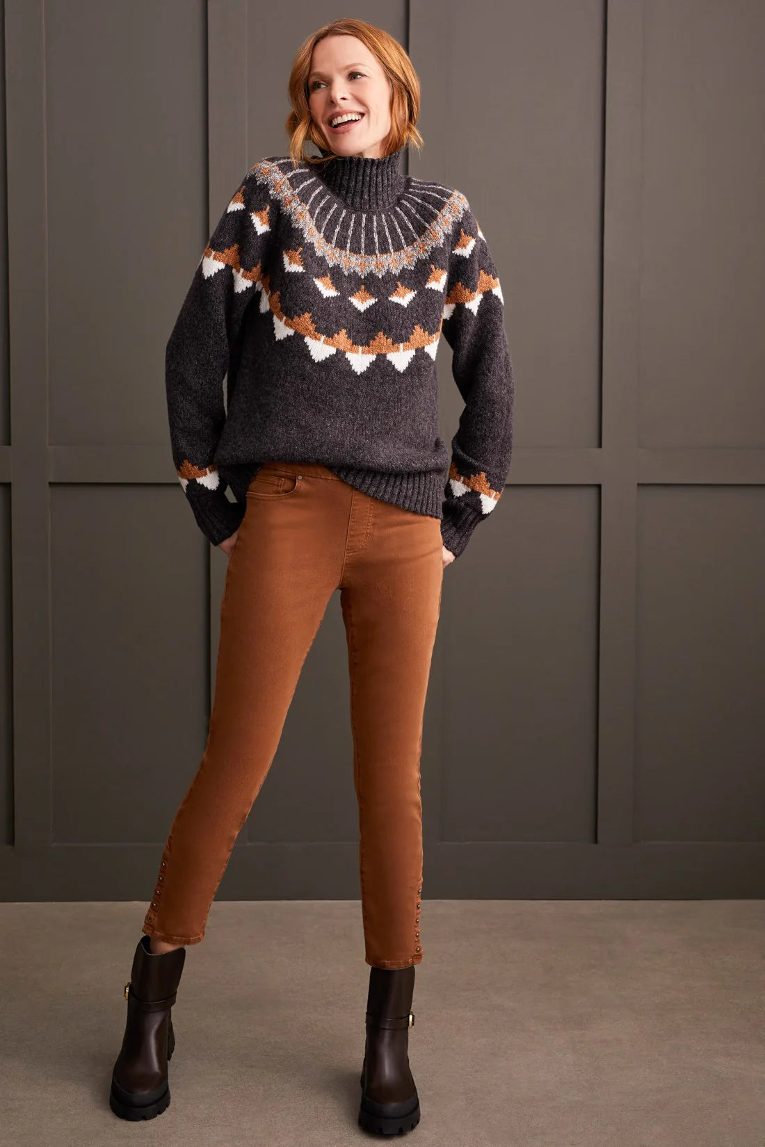 Mock Turtleneck Intarsia Sweater - Walnut