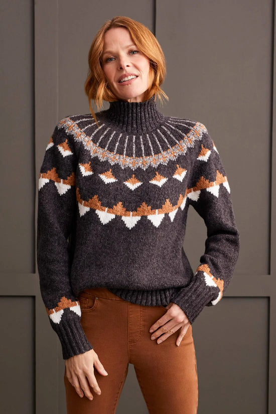 Mock Turtleneck Intarsia Sweater - Walnut