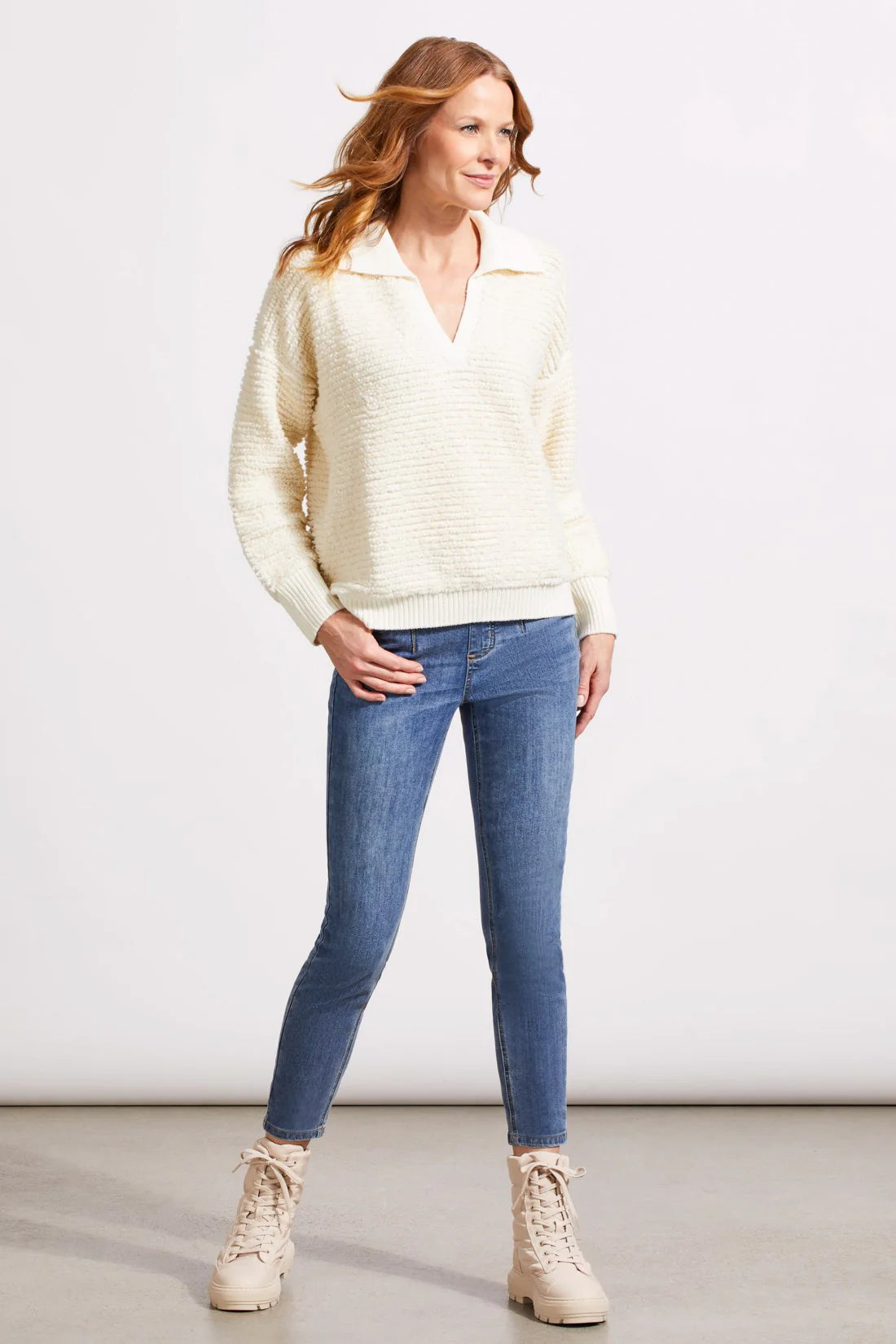 Oversized Polo Sweater with Dropped Shoulders - Eggshell