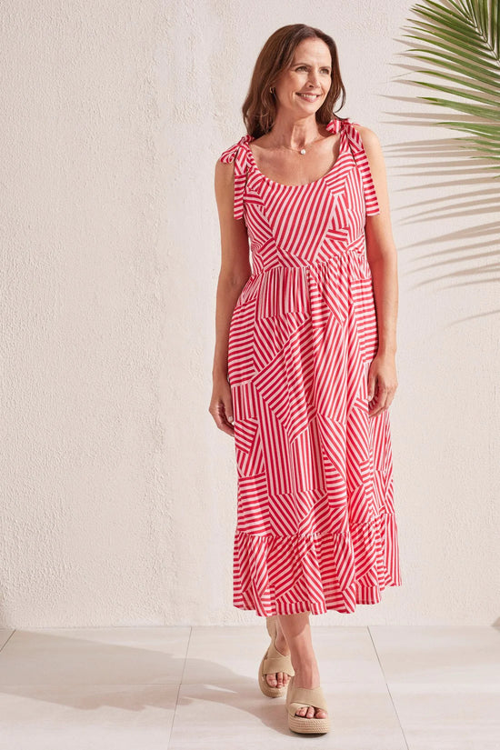 Sleeveless Dress with Adjustable Tie Shoulders - Poppy Red Geometric Stripes