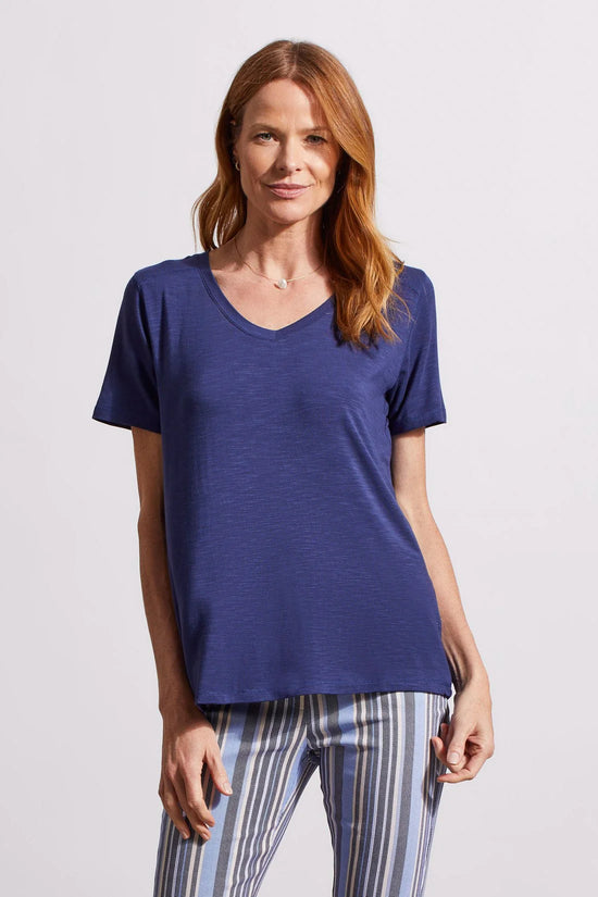Short Sleeved V-Neck Tee with Special Stitching - Jet Blue