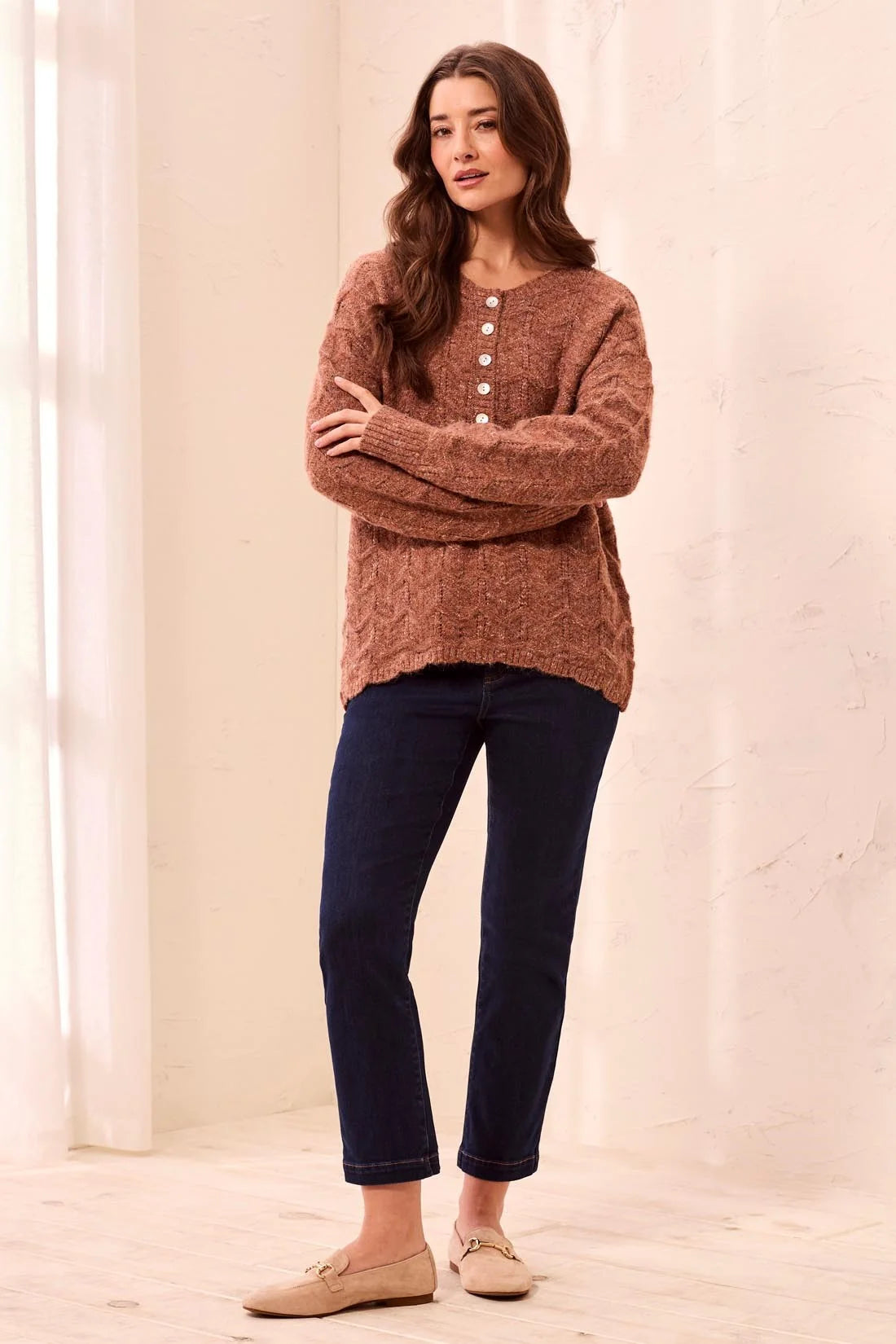 Henley Sweater with Scalloped Hem - Chocolate