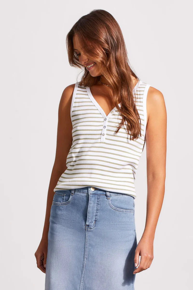 Henley Tank Top with Buttons - Cactus Stripe