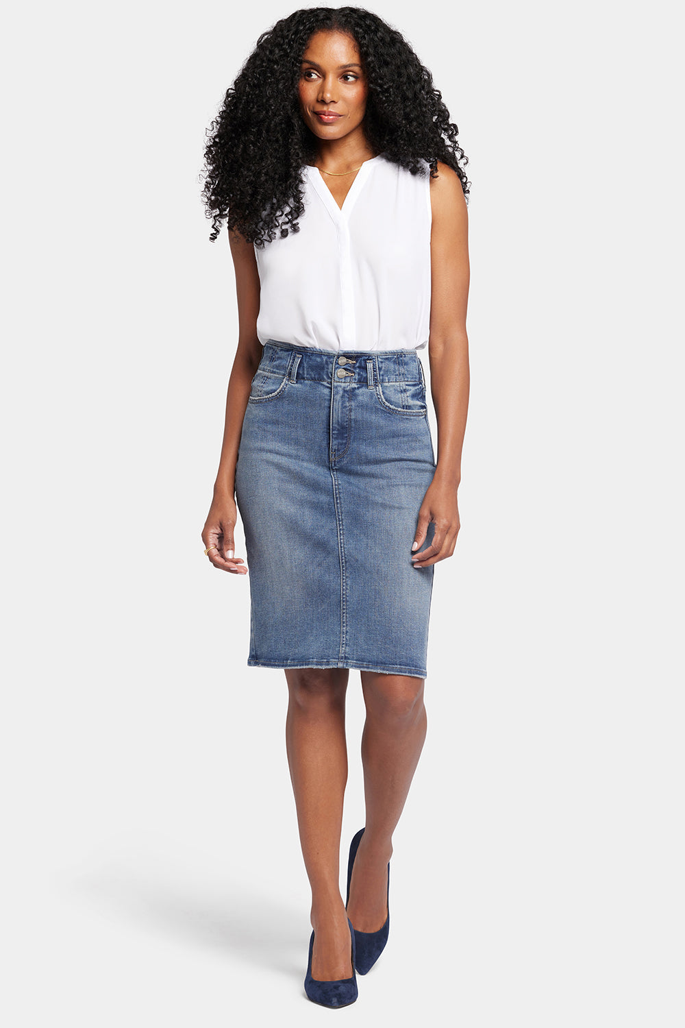 High Rise Denim Skirt with Hollywood Hem - Rockie