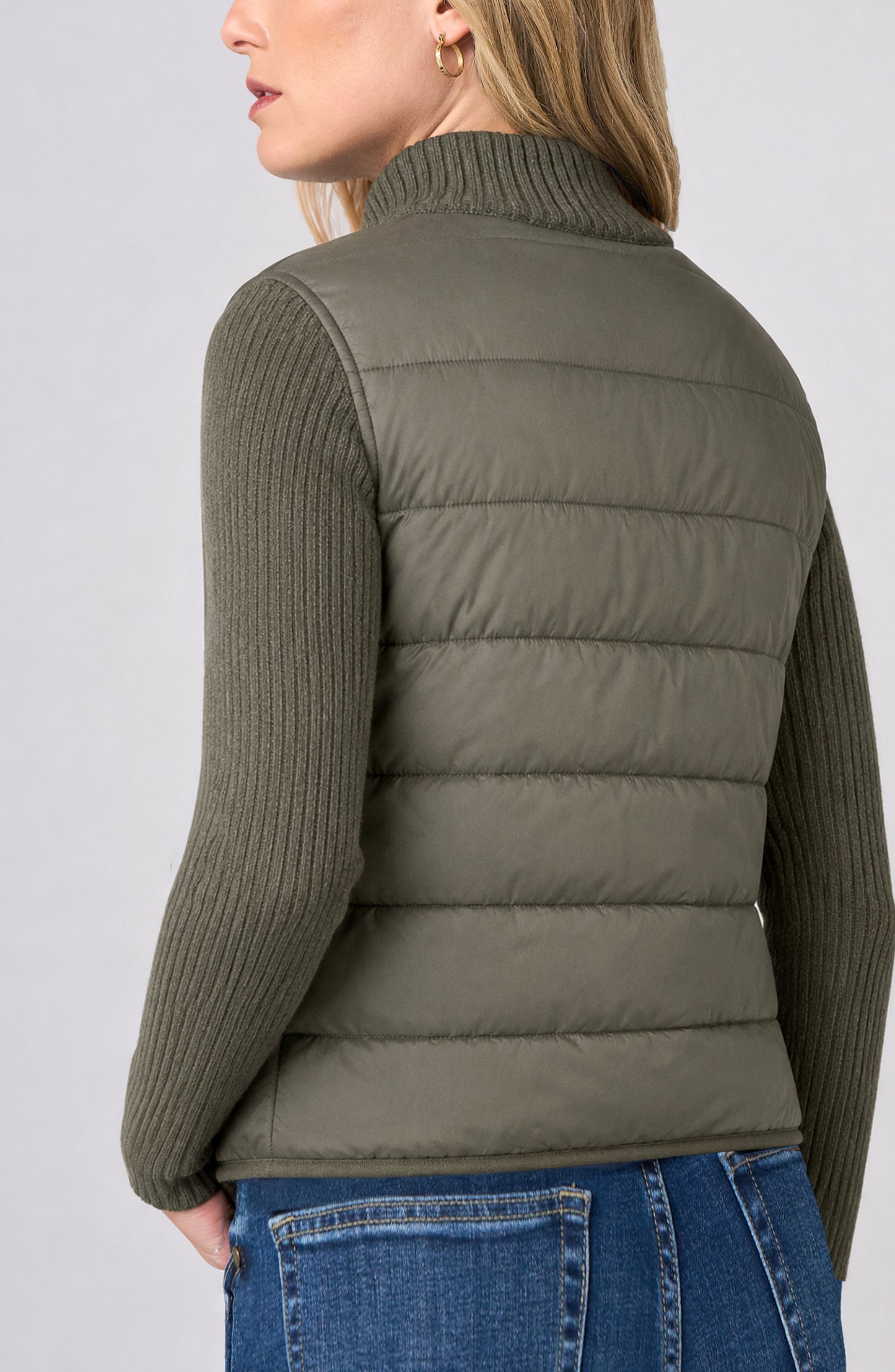 Zip Front Quilted Sweater Jacket - Heather Olive